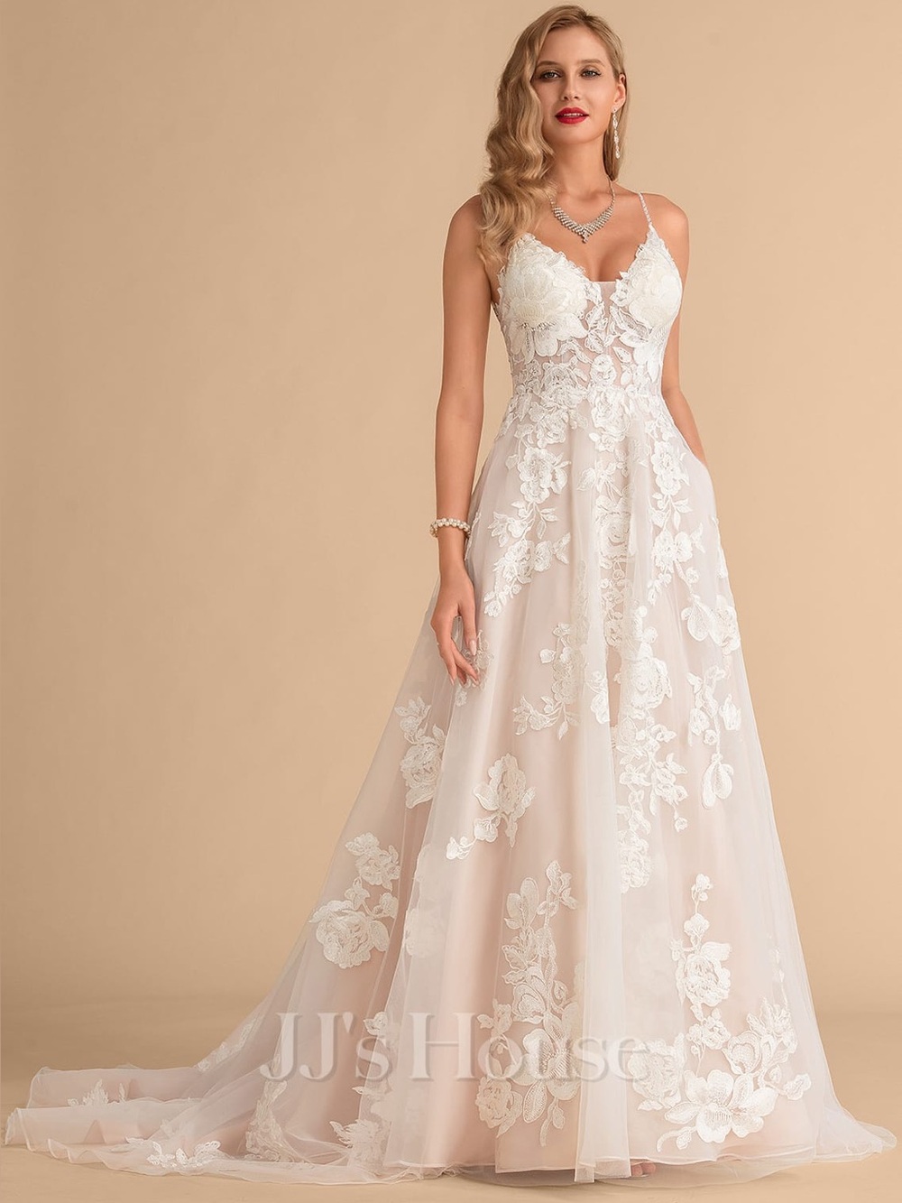 JJ’House - Ivory Lace A-Line Wedding Dress with Spaghetti Straps